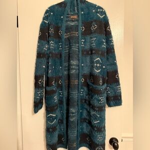 Shyanne Long Teal and Black Fuzzy Patterned Cardigan Sweater